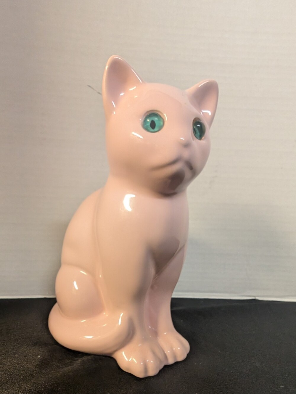 Vintage Retro Pink Ceramic Cat Figurine Blue Glass Eyes Animal Figure